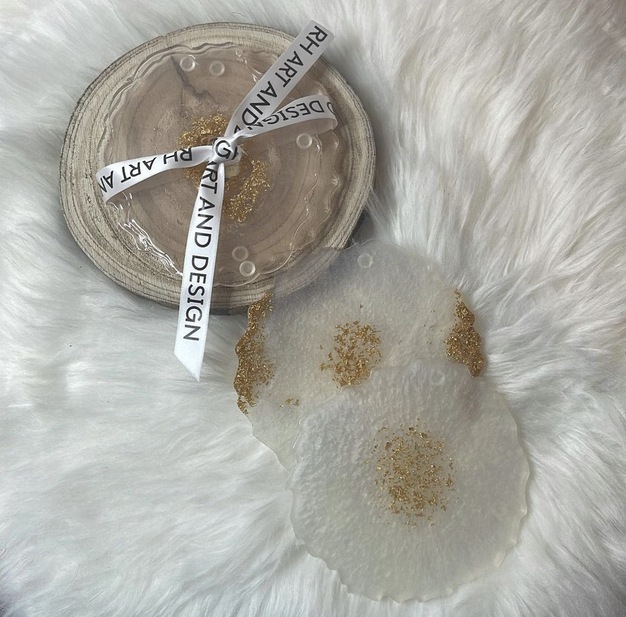 White and Gold Resin Coasters (Set of 2)